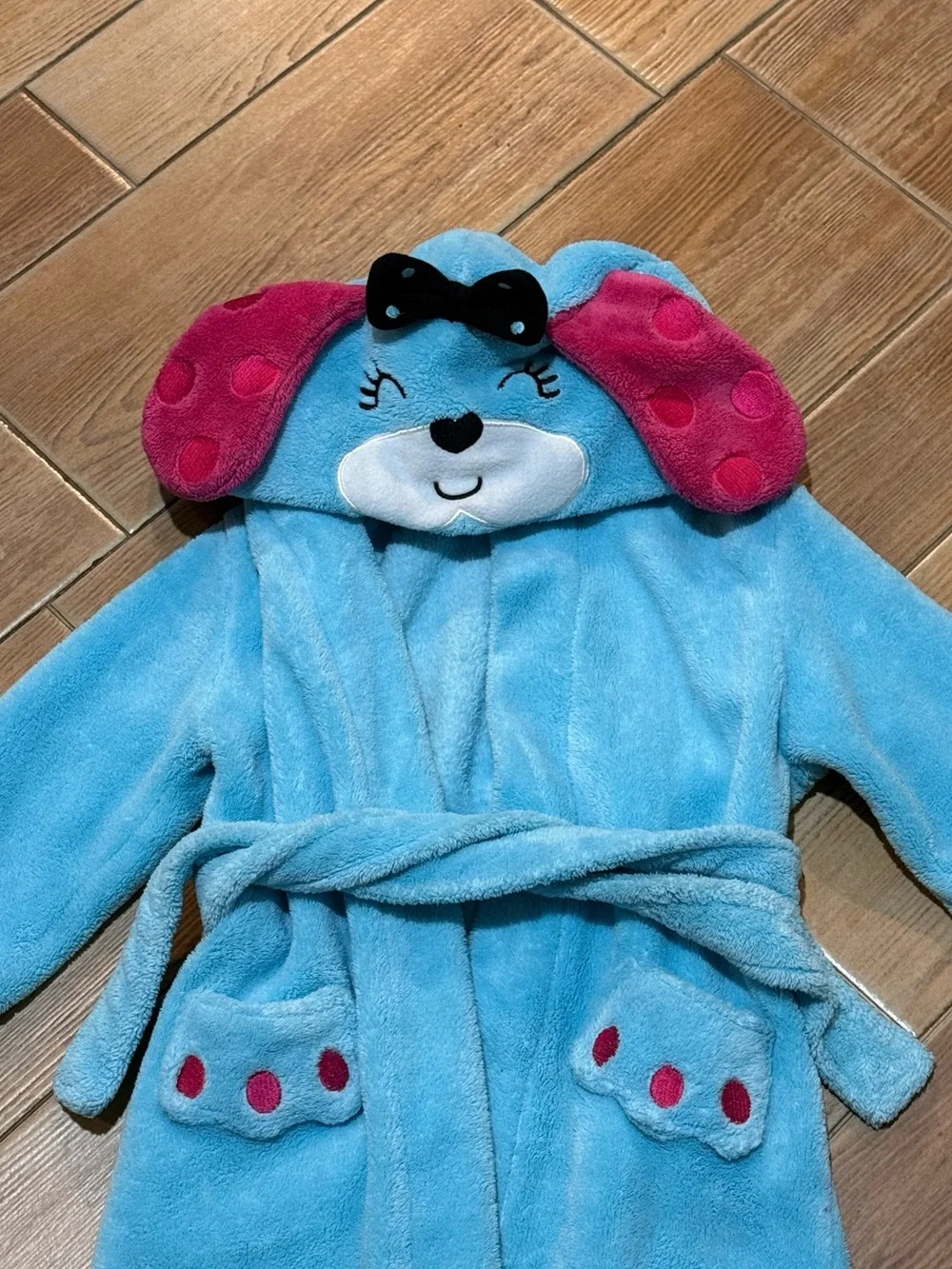 Petit Lem Blue Plush Hooded Puppy Bathrobe